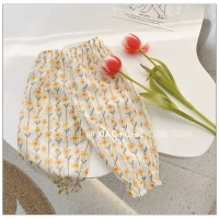 Spring Story~Girls Korean floral green pure cotton breathable anti-mosquito pants baby girls loose trousers summer clothes  White