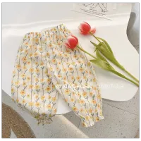 Spring Story~Girls Korean floral green pure cotton breathable anti-mosquito pants baby girls loose trousers summer clothes  White