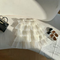 Girls mesh multi-layer skirt light luxury pleated cake skirt long skirt children's long puffy skirt skirt autumn and winter  White