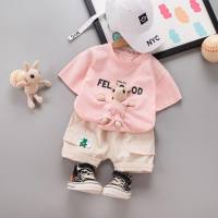 Baby Cartoon Cute Short Sleeve Casual T-Shirt Children's Clothes Boys Summer Clothes Thin Casual Cargo Shorts Set Wholesale  Pink