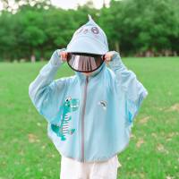 Jiaoxia roupas de proteção solar infantil verão dinossauro capa fina com capuz roupas de proteção solar ao ar livre meninas gelo seda anti-ultravioleta  Azul