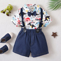 Summer boy gentleman short-sleeved shirt shorts bow tie two-piece baby British style overalls suit  Blue
