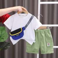 2023 children's clothing summer boys short-sleeved striped bear t-shirt Korean style trendy Japanese children's clothing  White