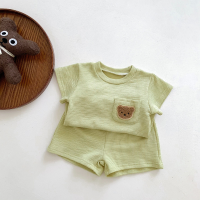 Traje de pantalones cortos de manga corta para niños y niñas, traje informal fino de dos piezas con oso para bebé, verano  Verde