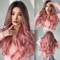 Gradient pink middle-parted long curly hair temperament European and American synthetic fiber wig headpiece for women  Style 2