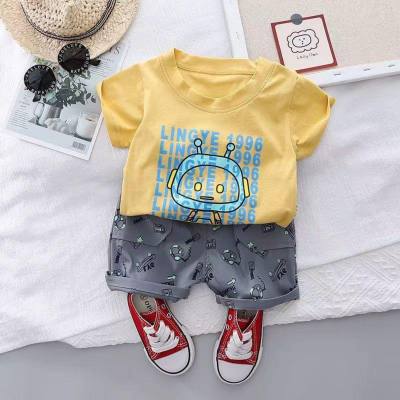 Children's clothing children's suits for boys and girls solid color casual robot short-sleeved shorts pure cotton summer trend two-piece set