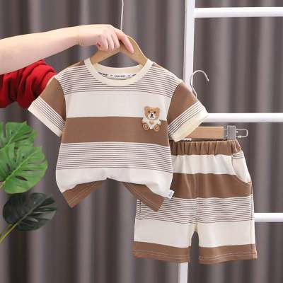 2023 Kinderkleidung Sommer Jungen Kurzarm-T-Shirt mit gestreiftem Bärenmotiv im koreanischen Stil, trendige japanische Kinderkleidung