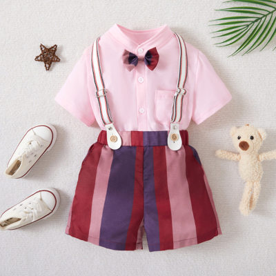 Blumenjungen-Sommerkleidung hübscher Kinder-Kurzarm-Overall Gentleman-Anzug Baby einjähriges Performance-Kleid im britischen Stil