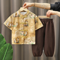 Anzug im chinesischen Stil für Jungen 2024 neuer Stil Hanfu Sommer kurzärmelige verkürzte Hose neuer Tang-Anzug im chinesischen Stil mit Knöpfen  Gelb