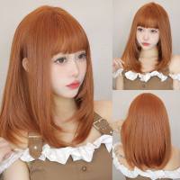 Japanese and Korean dopamine wig orange clavicle medium-length straight hair air bangs girl group style synthetic fiber full head cover  Style 1
