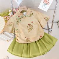 Girls summer new two-piece suit children's Chinese style Hanfu little girl summer suit baby new Chinese Tang suit  Khaki