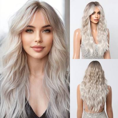 Gradient white gold bangs face-shaping long curly hair natural lazy fashion wig full head hairstyle