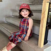 Children's baby girl net celebrity plaid jumpsuit summer children's clothing cute rabbit tail girl overalls  Red