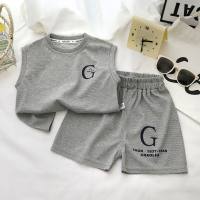 Children's vest suit summer new baby waffle clothes boy Korean style two-piece suit stylish children's clothing  Gray