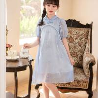Mädchenkleid 2023 neues stilvolles Prinzessinnenkleid für Kinder im Sommer Hanfu-Mädchenrock mit gefälschten Perlen  Blau