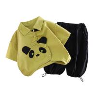2023 niños novedad de verano estilo camisa de dos piezas Panda dibujos animados chino moda ropa de manga corta para niños ropa para niños Dropshipping  Verde