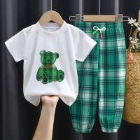 Traje de manga corta de verano para niños, traje de estilo informal con estampado de dibujos animados, conjunto de dos piezas de manga corta a la moda para bebé  Verde