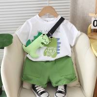 New boys and girls dinosaur bag short-sleeved two-piece suit  White