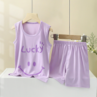 Conjunto de 2 piezas de chaleco y pantalones cortos con diseño sonriente y letras informales de verano para niño pequeño  Púrpura