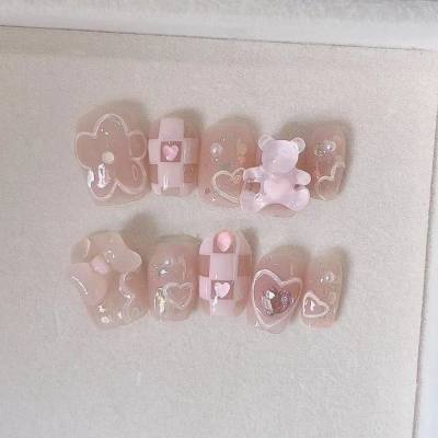 Hand-made wearable nails Cute short shiny girly hug bear removable false nails nail stickers