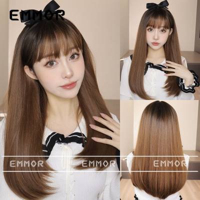 New Korean wigs, air bangs, long hair, slightly curly, natural white girlish synthetic wig headpiece