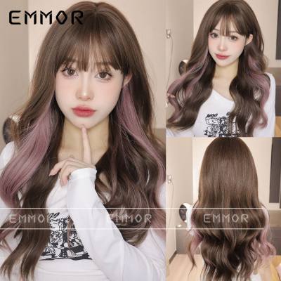 Wig for women long curly hair brown slightly curly highlighted pink fluffy hair set air bangs simulation wig for women full head set