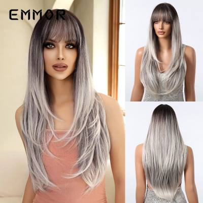 Perruques pour femmes cosplay haut niveau dégradé gris frange cheveux longs raides mode naturelle vente directe d'usine perruques pleine tête