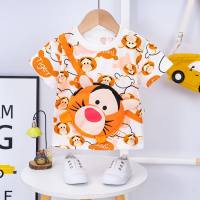Camiseta infantil de algodón puro de manga corta con dibujos animados para niños y niñas, bolsas reales tridimensionales, ropa para niños  naranja