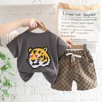 New fashion style children's baby cartoon clothes children's summer casual two-piece set boys short-sleeved  Gray