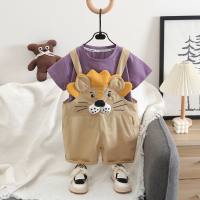 Internet celebrity hot-selling children's cotton casual short-sleeved lion bib shorts two-piece suit 2024 boy casual suit  Purple
