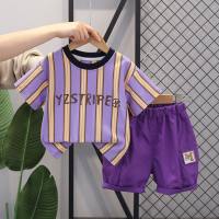 Children's workwear casual shorts suit children's clothing wholesale small and medium-sized boys striped short-sleeved tops casual children's T-shirts  Purple
