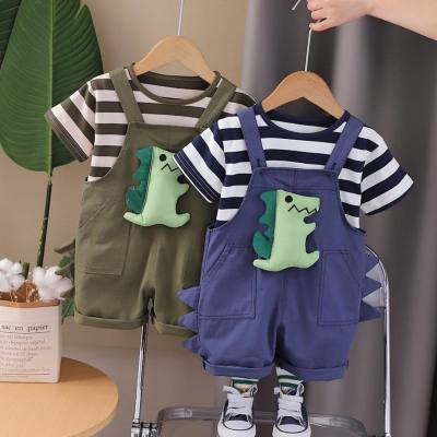 One piece wholesale infant baby boy striped short-sleeved T-shirt children's clothing children's bib shorts summer two-piece set