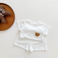 Traje de pantalones cortos de manga corta para niños y niñas, traje informal fino de dos piezas con oso para bebé, verano  Blanco