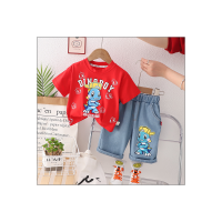 Boys Summer Clothes Suit 2023 New Small and Medium-sized Children Baby Cartoon Dinosaur Pattern Short-Sleeved Shorts Summer Clothing Trendy Children's Clothes  Red