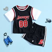 Children's summer basketball uniforms for boys and girls fake two-piece short-sleeved shorts suits sportswear kindergarten performance clothes jerseys  Black