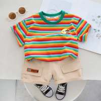Summer cotton short-sleeved shorts boy's suit color striped children's suit casual high quality two-piece suit in stock  Green