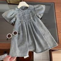 Girls summer dress short sleeve 2024 new children's stylish soft denim skirt little girl fashionable princess dress  Light Blue