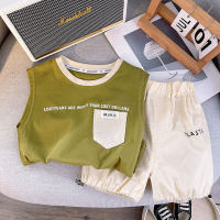 Boys summer suit 2023 new vest fashionable children's clothing baby letters fresh sleeveless shorts two-piece set trendy  Green
