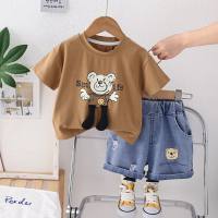 2024 children's summer new style boy handsome short-sleeved suit baby boy casual cute cartoon short-sleeved two-piece suit  Coffee