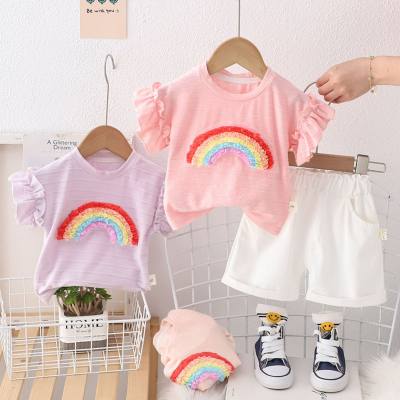 Baby girl casual fashion two-piece summer new three-dimensional rainbow round neck short-sleeved suit for girls