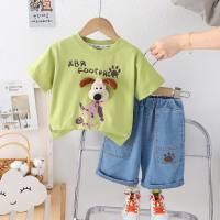 Infants and toddlers cute new summer short-sleeved T-shirt children's clothing boys cartoon casual tops children's summer two-piece set  Green