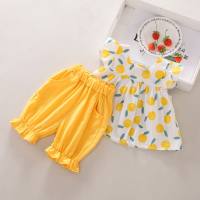 Baby girl casual fashion two-piece suit summer new style girl full print fruit square neck short sleeve suit  Yellow