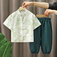 Boys' Chinese style suit 2024 new style baby Hanfu summer short-sleeved cropped pants new Chinese style buttoned Tang suit  Light Green
