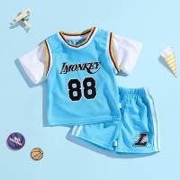Children's summer basketball uniforms for boys and girls, fake two-piece short-sleeved shorts suit, sportswear, kindergarten performance uniform, jersey  Light Blue
