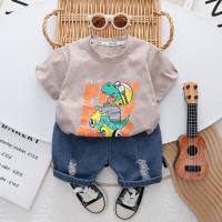 Children's cartoon printed loose casual T-shirt children's tops boys' short-sleeved summer clothes baby clothes children's clothing two-piece set  Khaki