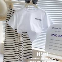 Baby girl fashionable two-piece set summer new style girls Korean letter short-sleeved striped wide-leg pants casual suit trendy  White