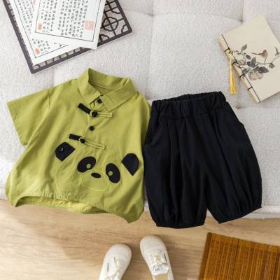 2024 verano estilo antiguo de manga corta Panda ropa para niños de dos piezas ropa de verano pantalones cortos traje para niños entrega