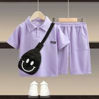 Children's short-sleeved polo shirt suit summer solid color medium and large children's casual sports  Purple