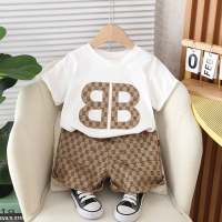 2024 summer new style boys and girls short-sleeved children's clothing double b-shaped two-piece shorts children's suit infant summer clothing trend  Khaki