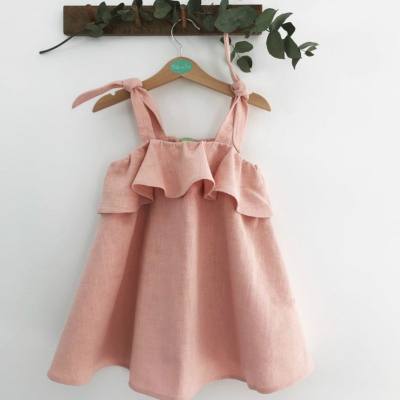 Girls cotton and linen solid color suspender dress